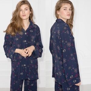 & Other Stories Lounge Jacquard Shirt Womens Size 6 Navy Blue Collared Top Moon‎